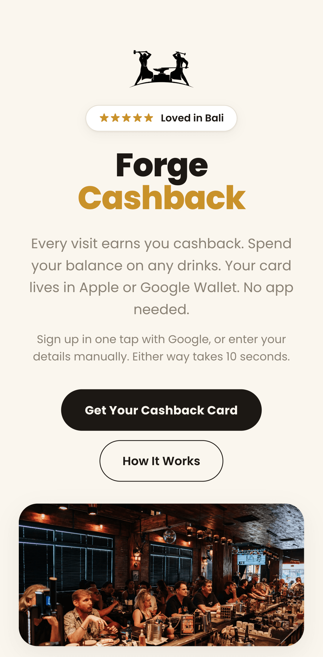The Forge Bali cashback signup page on a phone