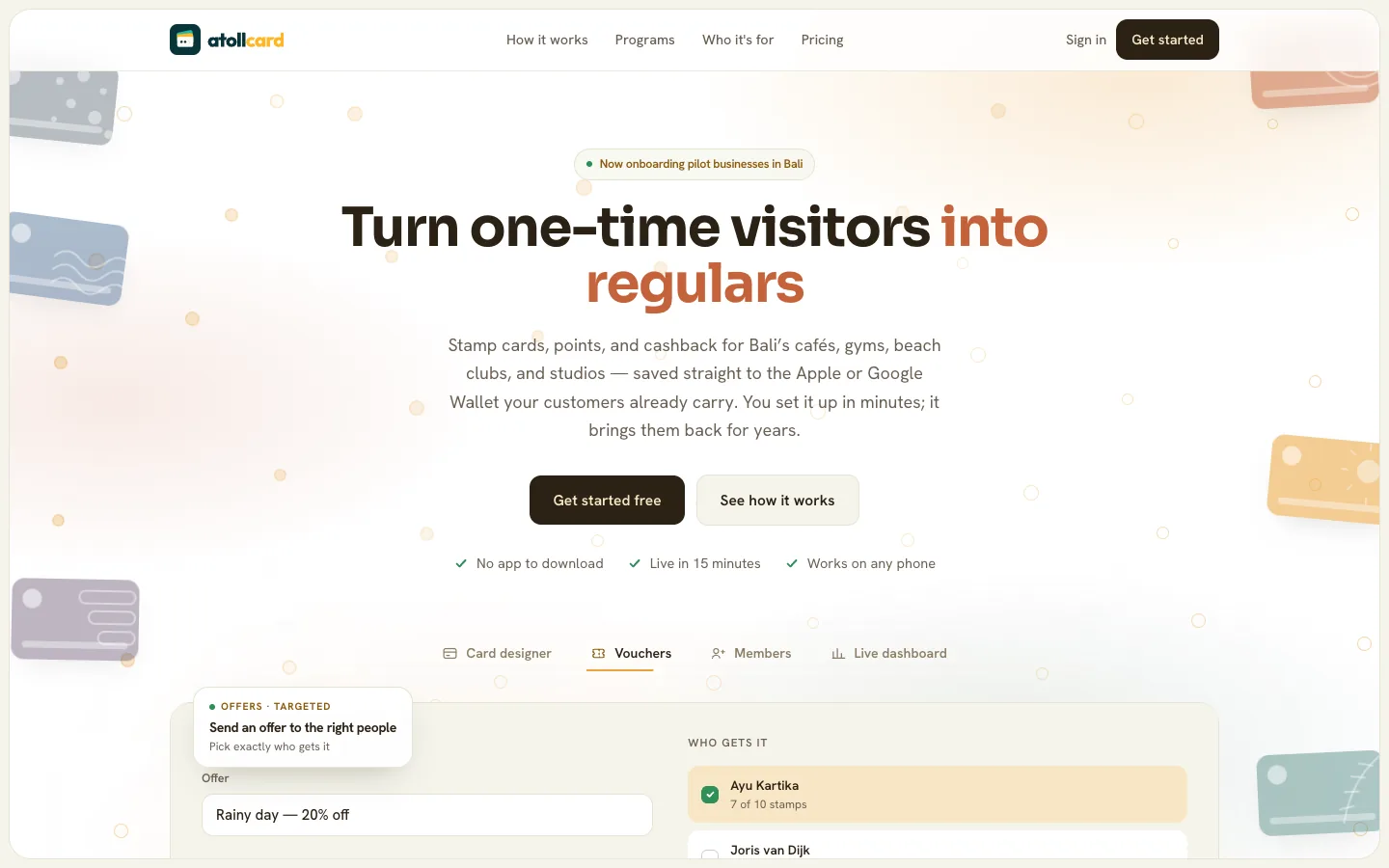Atollcard loyalty platform interface with rewards, vouchers and targeted offers
