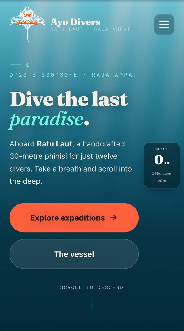 The Ayo Divers homepage on a phone.