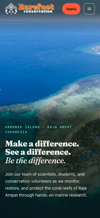 The Barefoot Conservation homepage on a phone.