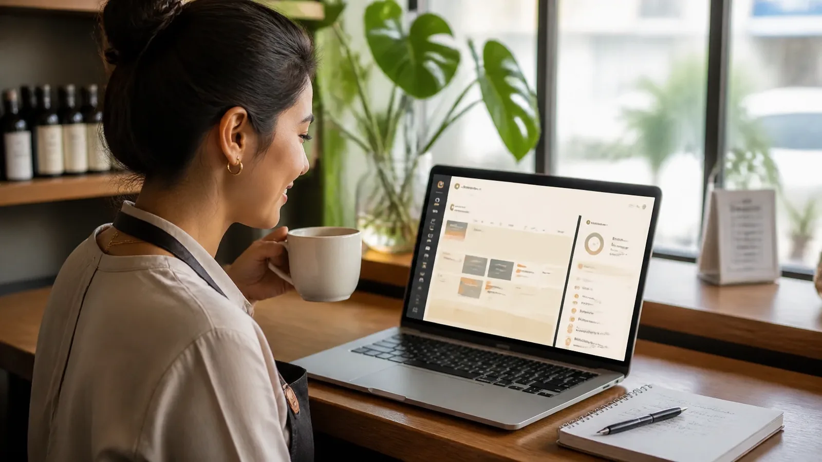 A local-business owner reviewing organised bookings and calendar activity in the morning