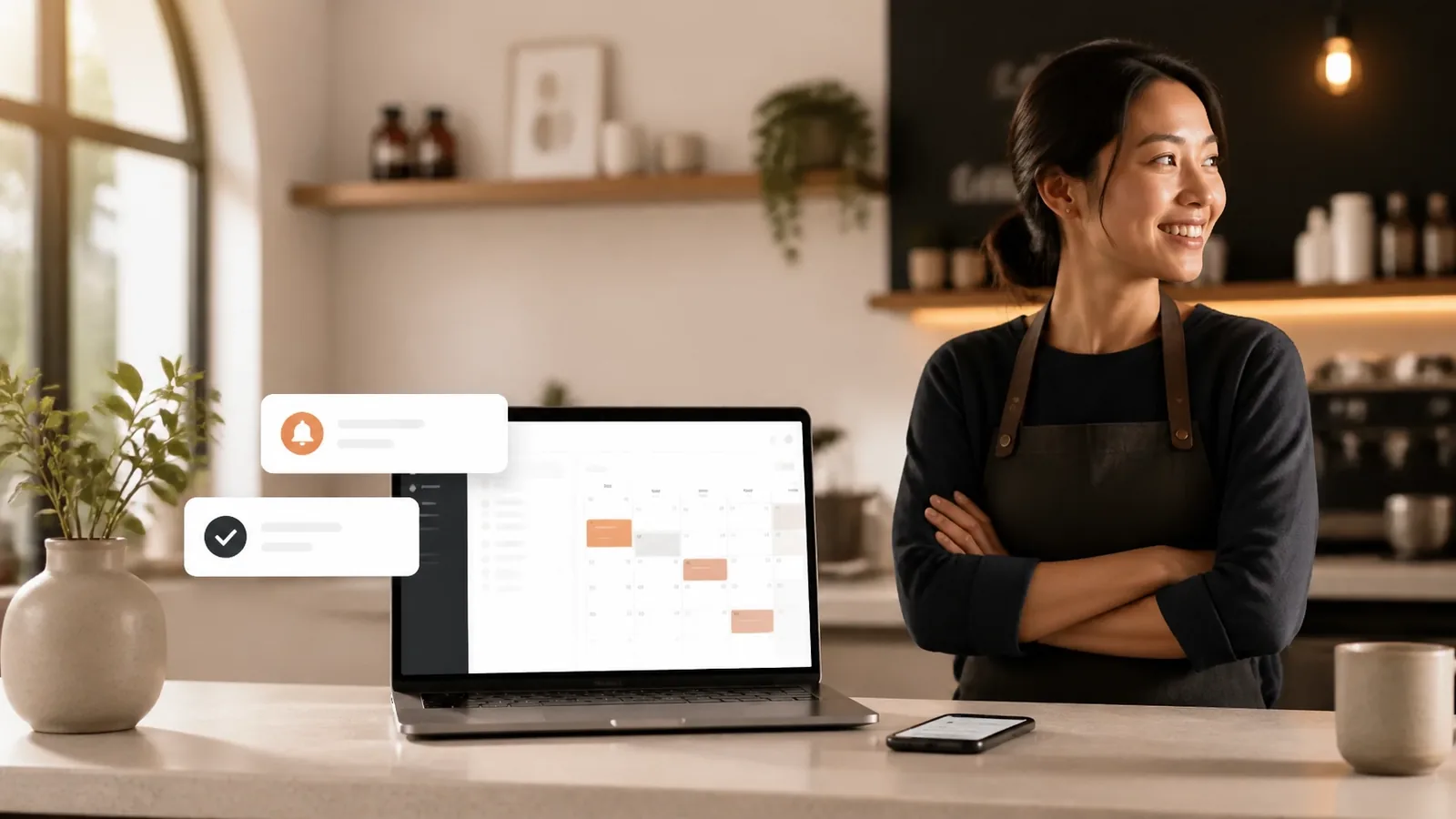 A small-business owner using a laptop with an automated online booking dashboard