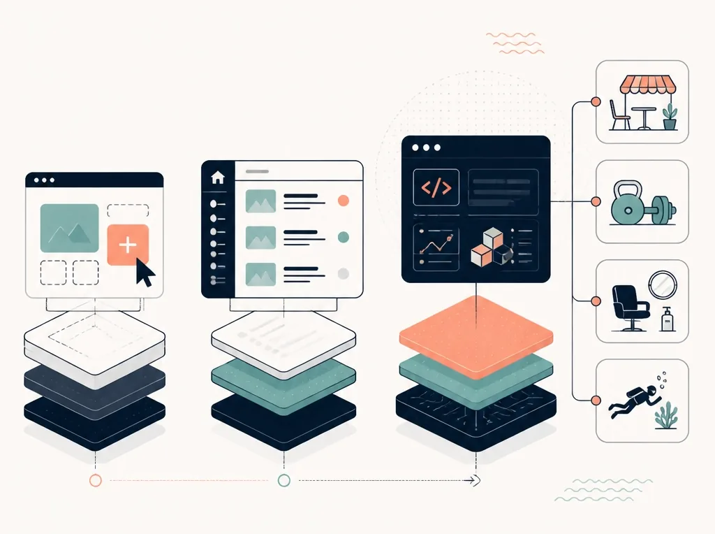A visual comparison of website builders, content management systems, and custom-built websites