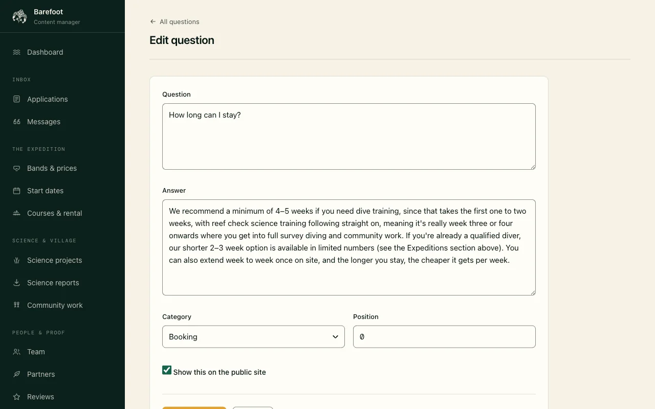 Editing a question and answer for the public site, with a switch to show it on the site.