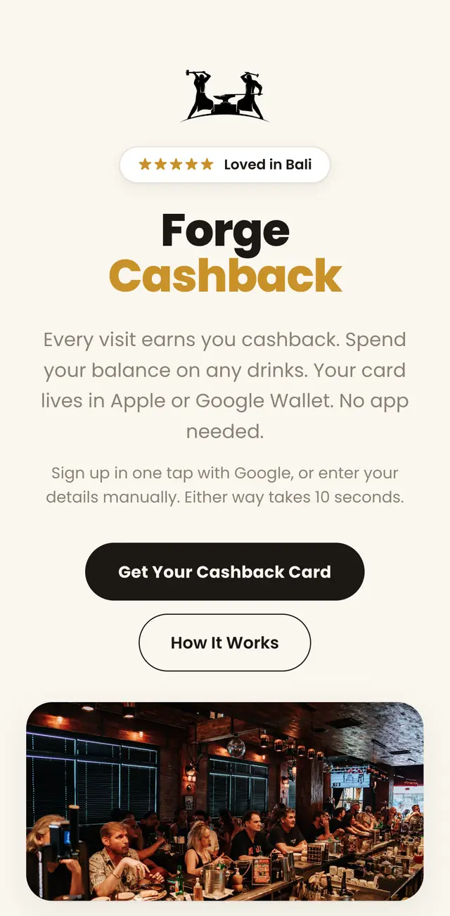 The Forge cashback sign-up page on a phone: Forge Cashback, get your cashback card, with a photo of the busy bar.