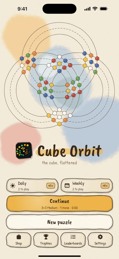 Cube Orbit title screen in the Hand-Painted style: watercolour washes on paper, ink rings and handwritten buttons.