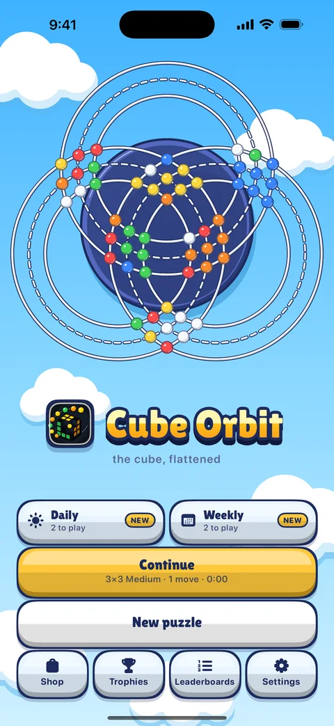 Cube Orbit title screen in the Toon style: shaded 3D balls on white rings over a bright sky with clouds.