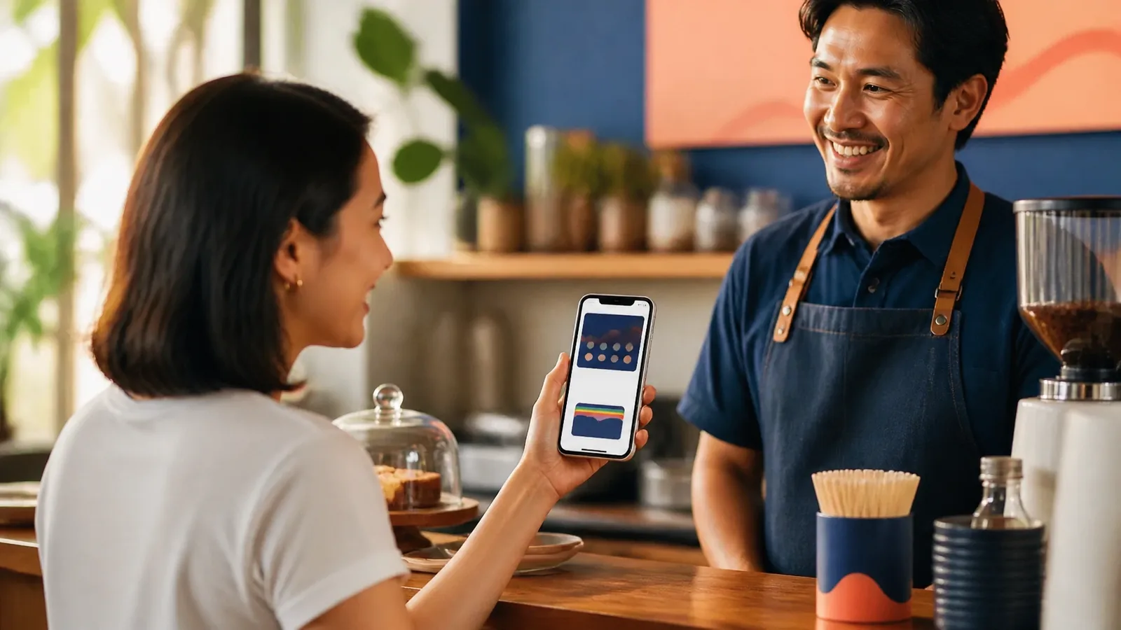 A local café owner and customer using a smartphone loyalty card at the counter
